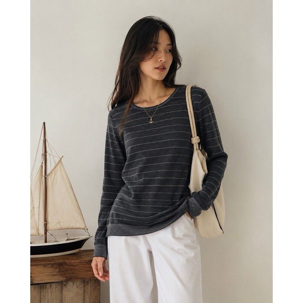 Eileen Fisher Merino Wool Stripe Sweater L Gray Tunic Italian Yarn Knit Top Luxe